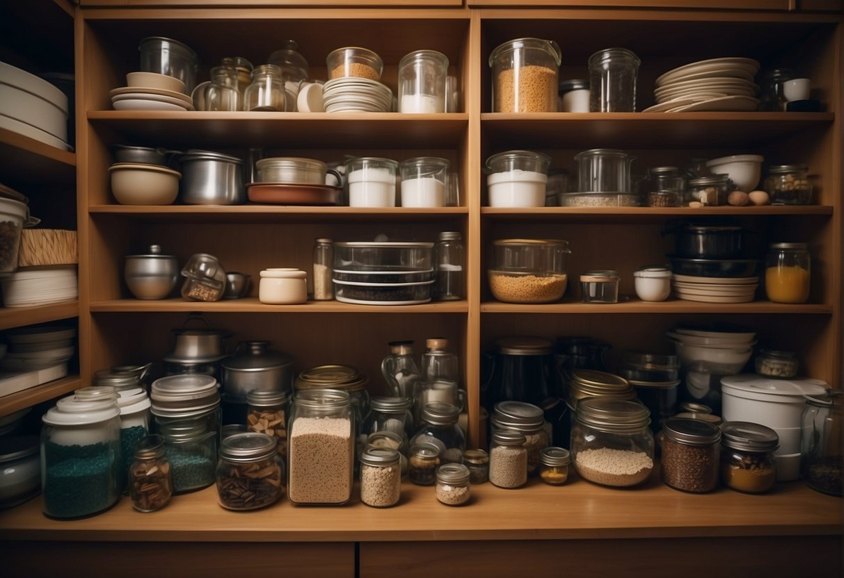 A Cluttered Cabinet With Mismatched Shelves And Disorganized Items, Creating A Chaotic And Inefficient Storage Space