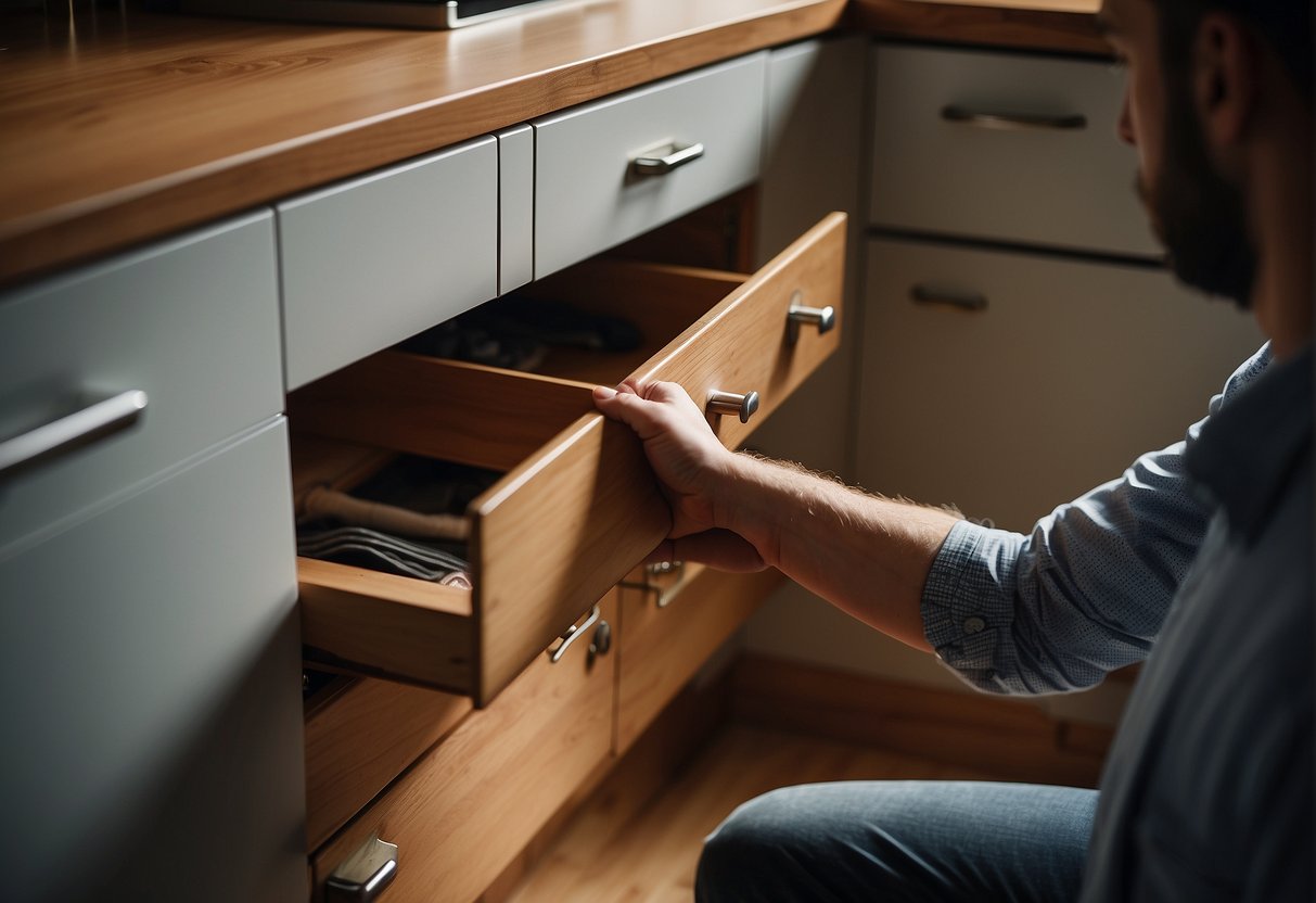 A Person Opens A Cabinet Door While Pulling Out A Drawer, Demonstrating Proper Navigation Of Cabinet Dynamics