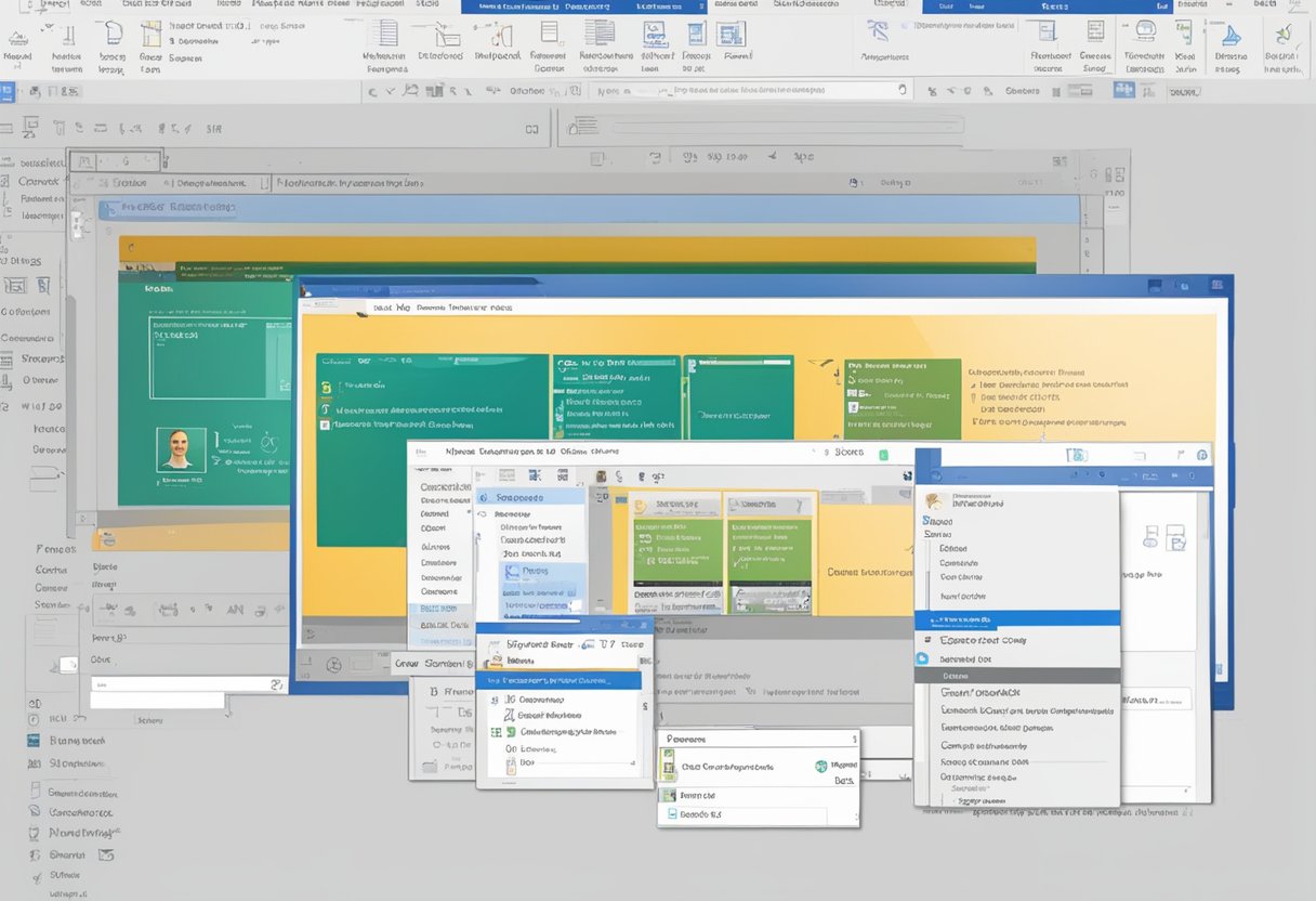 A computer screen showing the process of adding an SVG signature in Outlook emails, with the cursor clicking on the "Insert" tab and selecting "Pictures" from the dropdown menu