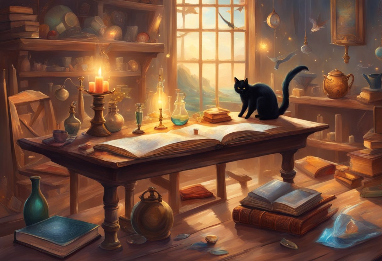 A table scattered with items: a broken mirror, spilled salt, a ladder, and a black cat crossing a path. An open book on superstitions lies nearby