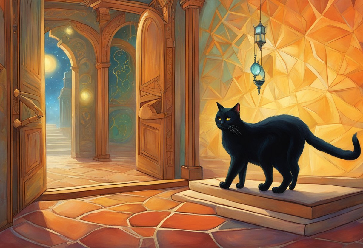 A black cat crosses a path, a person avoids walking under a ladder, and a broken mirror is carefully avoided. A horseshoe hangs above a doorway for good luck