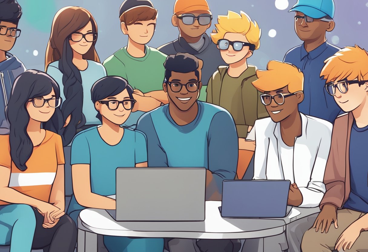 A group of diverse avatars gather in a virtual space, sending friend requests and exchanging messages on Roblox. They engage in friendly interactions, following best practices for adding friends on the platform