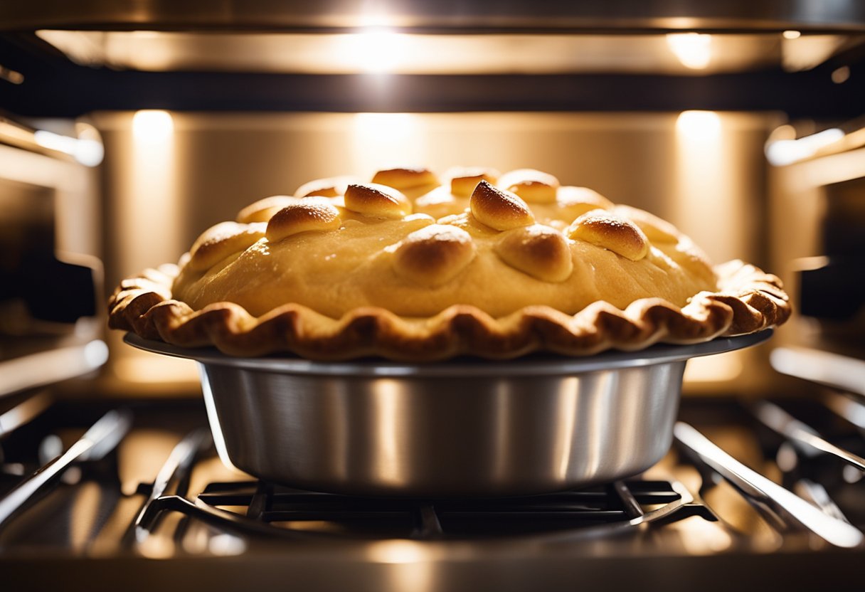 A pie sits in an oven, slightly undercooked. Steam rises from the golden crust as it bakes further