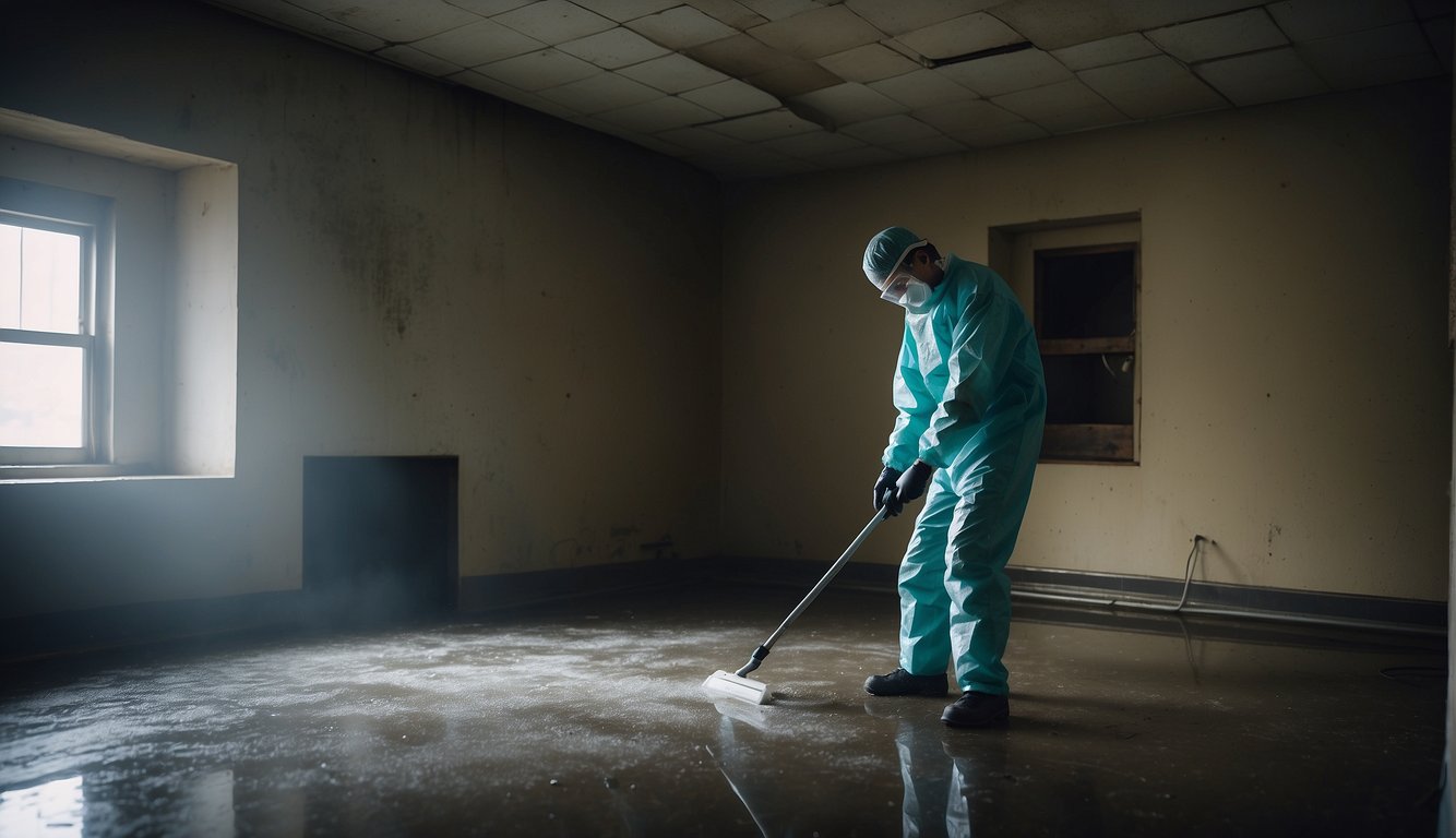A dark, damp room with visible mold growth on walls and ceiling. A professional in protective gear uses specialized tools to remove and clean the affected areas