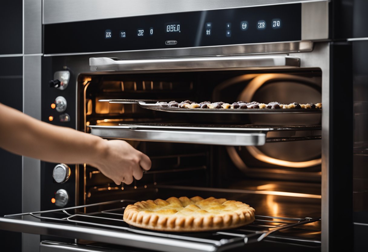 A pie being placed back into the oven, with a timer set and oven door closed