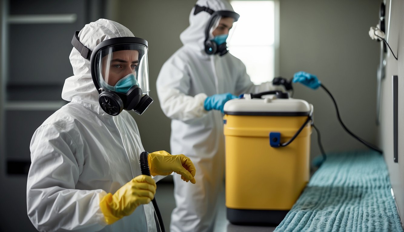A technician in protective gear sprays antimicrobial solution on mold-infested surfaces, while another uses a HEPA vacuum to remove spores