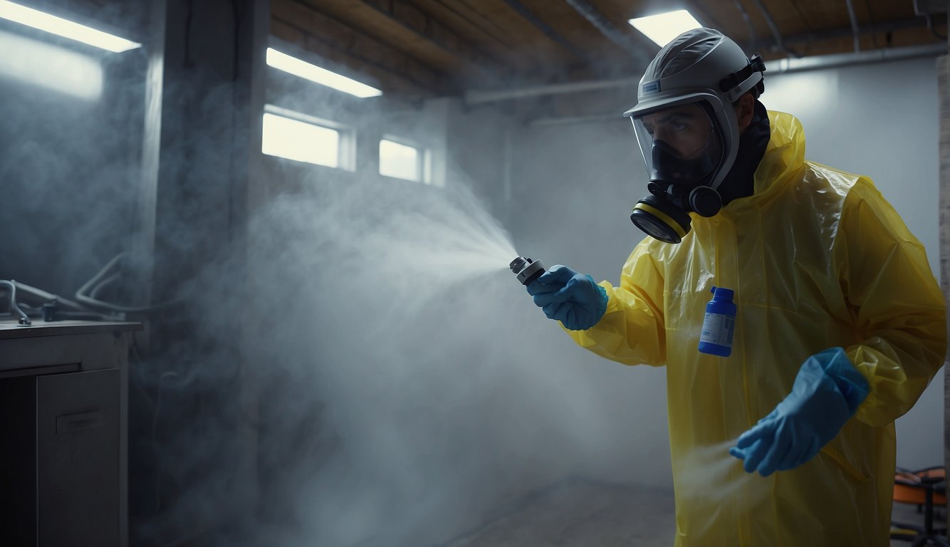 A technician in protective gear sprays mold-infested area, then seals off the space with plastic sheeting. A dehumidifier hums in the background, removing moisture from the air