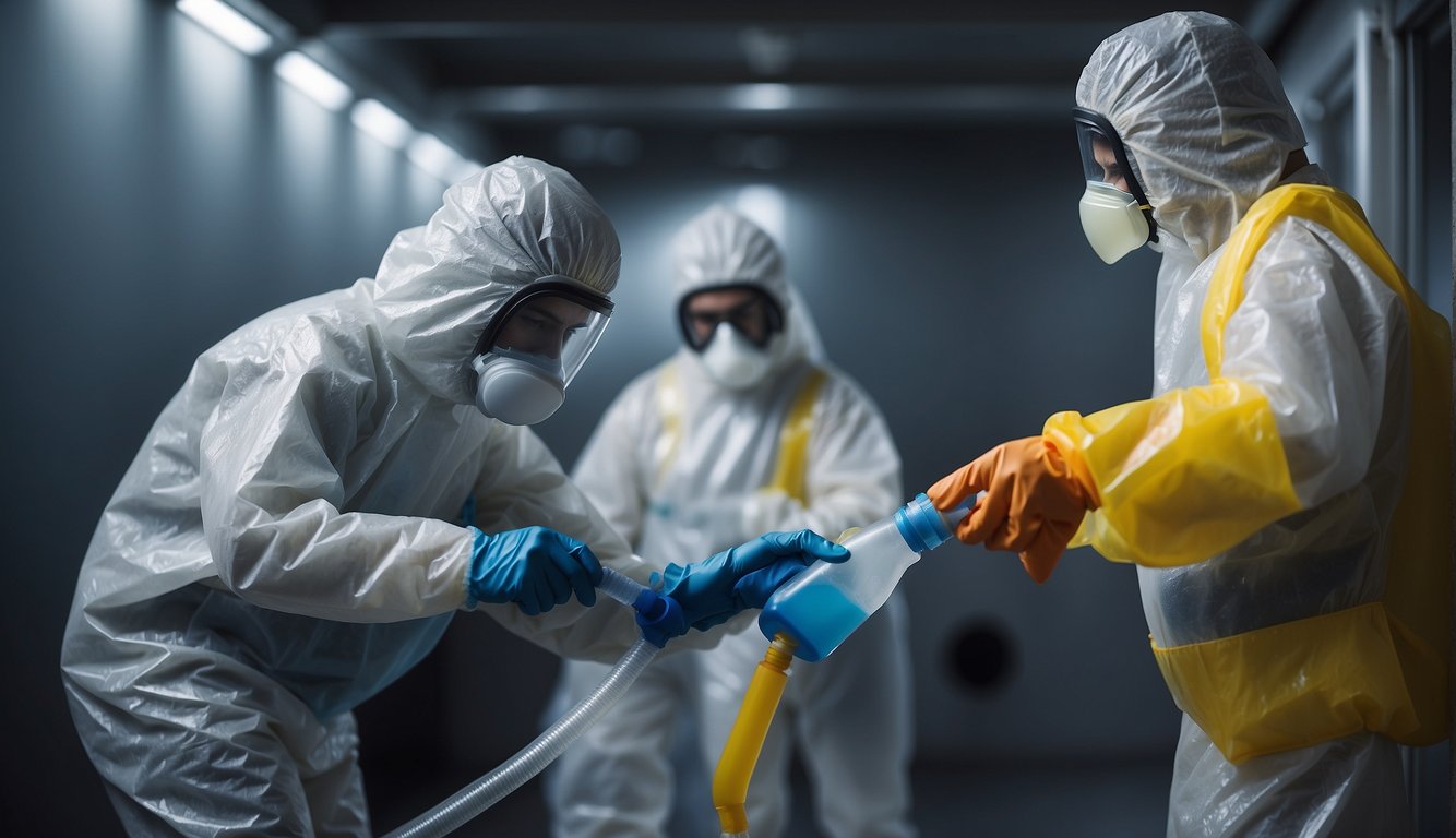 A figure in protective gear sprays disinfectant on mold-infested surfaces, while another seals off the area with plastic barriers