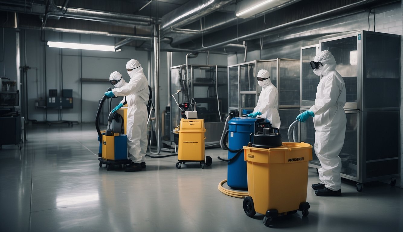 An industrial space with mold remediation equipment and technicians following protocols. Air scrubbers, protective gear, and cleaning supplies are visible