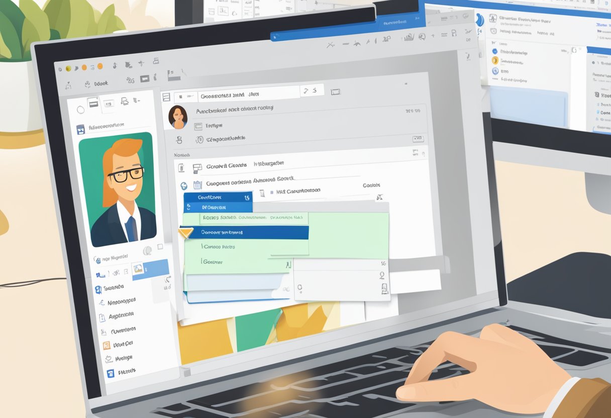 A hand hovers over a computer screen, clicking the "Add Optional Attendees" button in Outlook. The cursor selects names from the contact list and adds them to the meeting invite