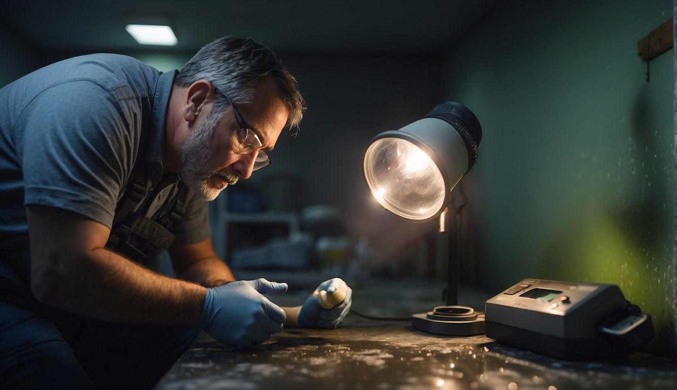 A mold inspector examines a damp, musty room with a flashlight and testing equipment