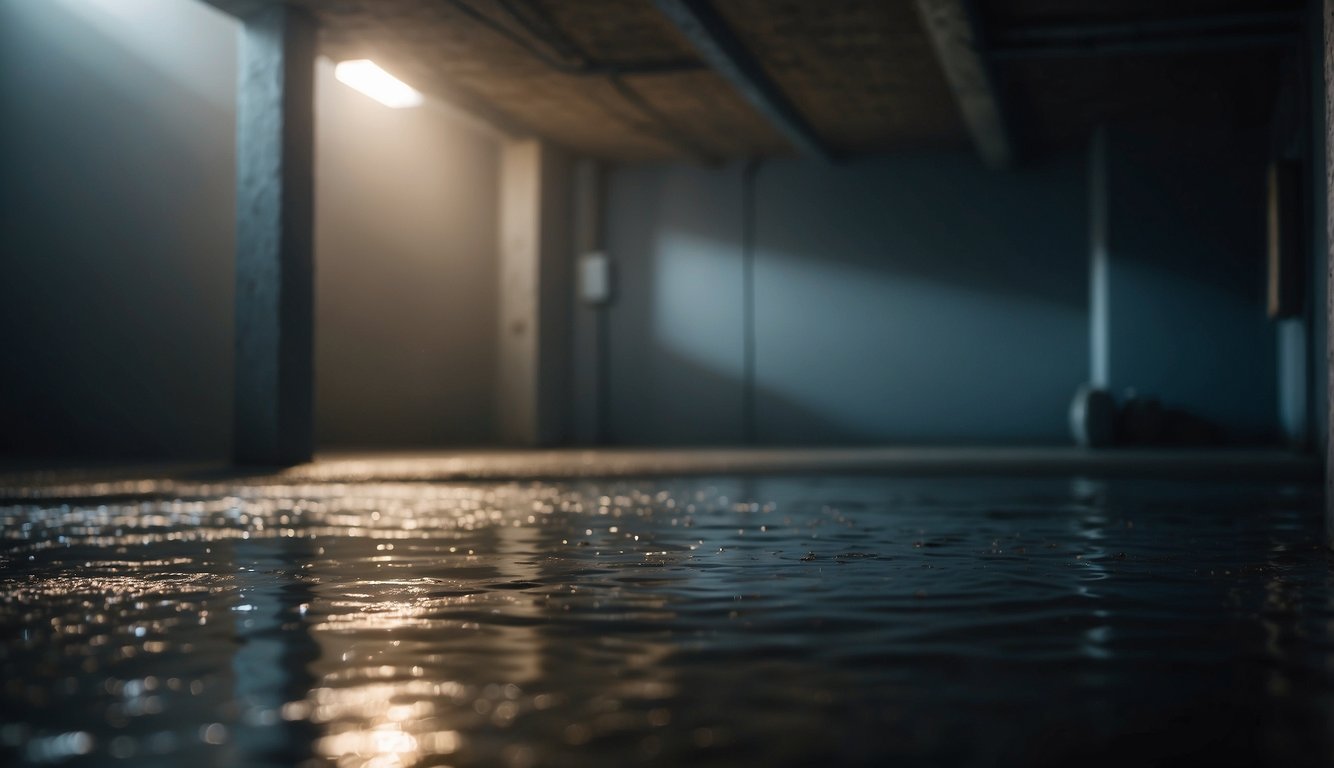 A dark, damp basement with visible water stains on the walls and ceiling. A dehumidifier sits in the corner, struggling to keep up with the moisture
