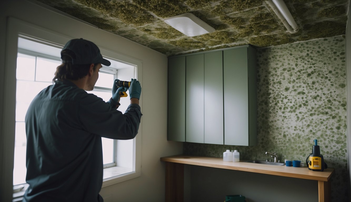 A room with visible mold growth on walls and ceilings. A person conducting mold inspection with tools. Another person collecting air or surface samples for mold testing