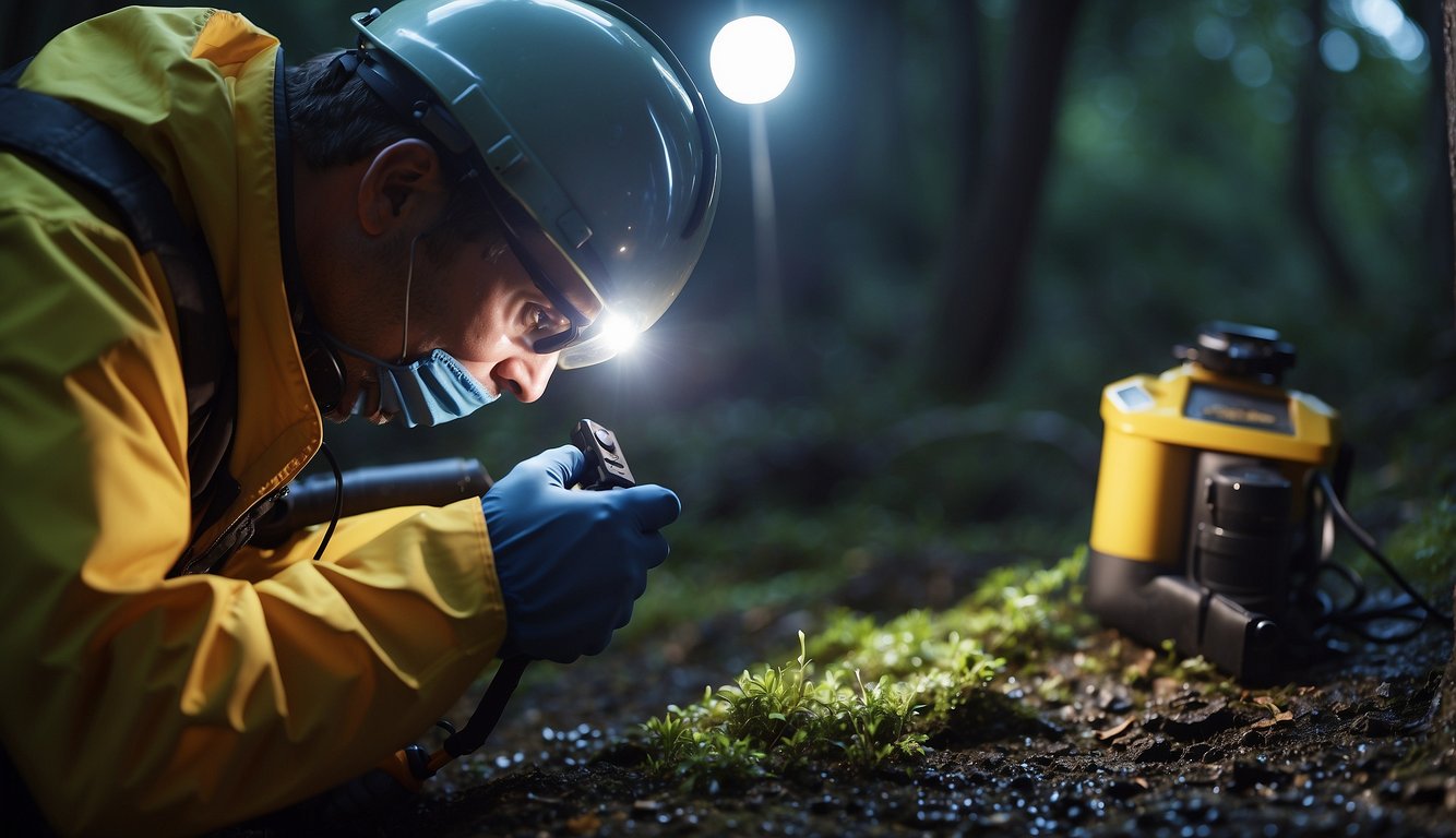 A technician inspects a damp area with a flashlight. Another technician takes samples for testing. Both wear protective gear