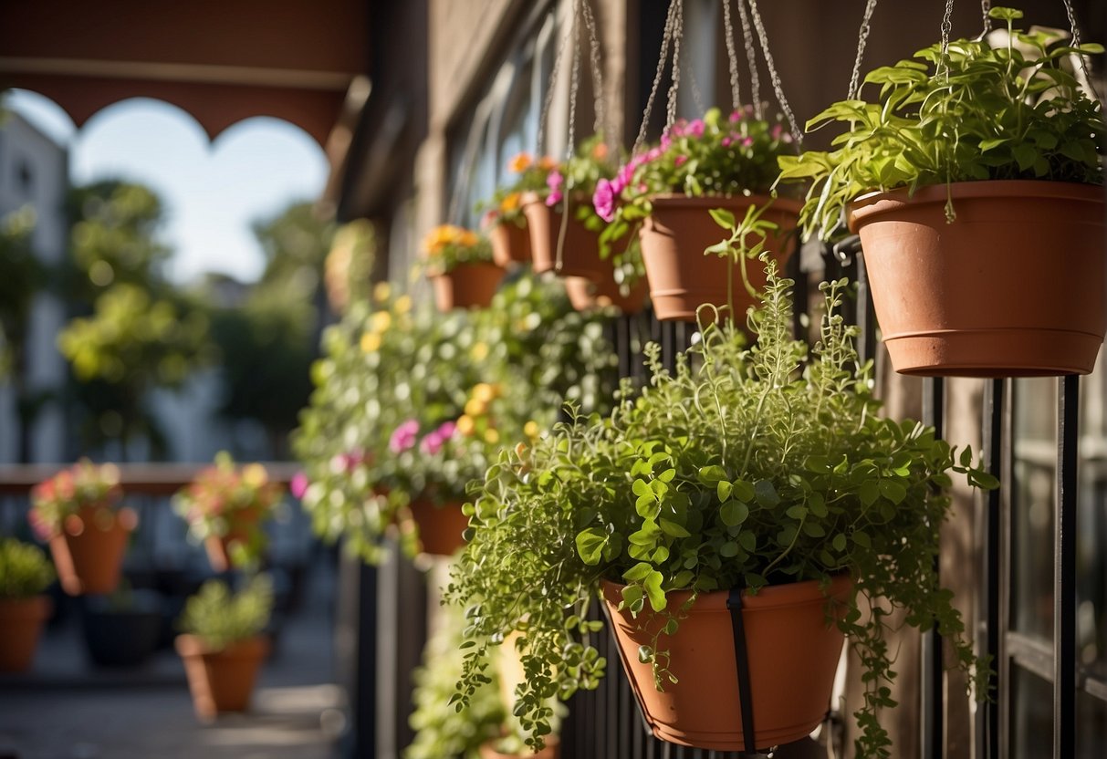 A balcony garden with potted plants and hanging baskets, arranged in a cozy and inviting manner with decorative elements such as wind chimes and lanterns