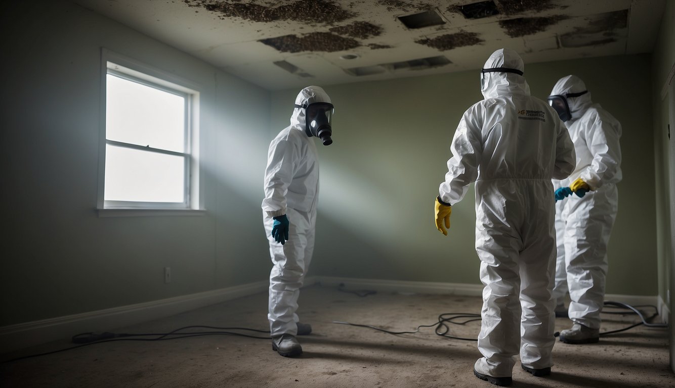 A room with visible mold growth on walls and ceilings. A professional mold remediation team in protective gear conducting inspections and cleaning