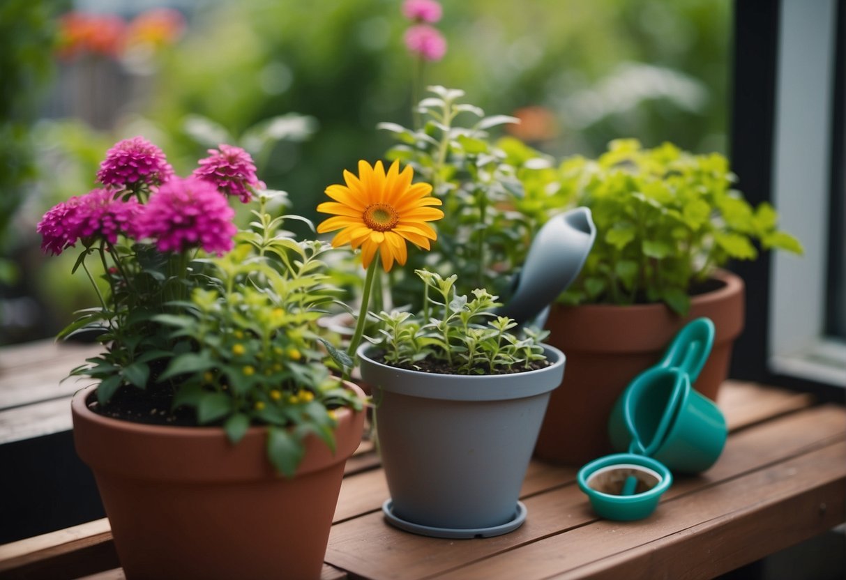 Lush green plants and colorful flowers fill a well-kept balcony garden, with small gardening tools and watering cans neatly arranged nearby