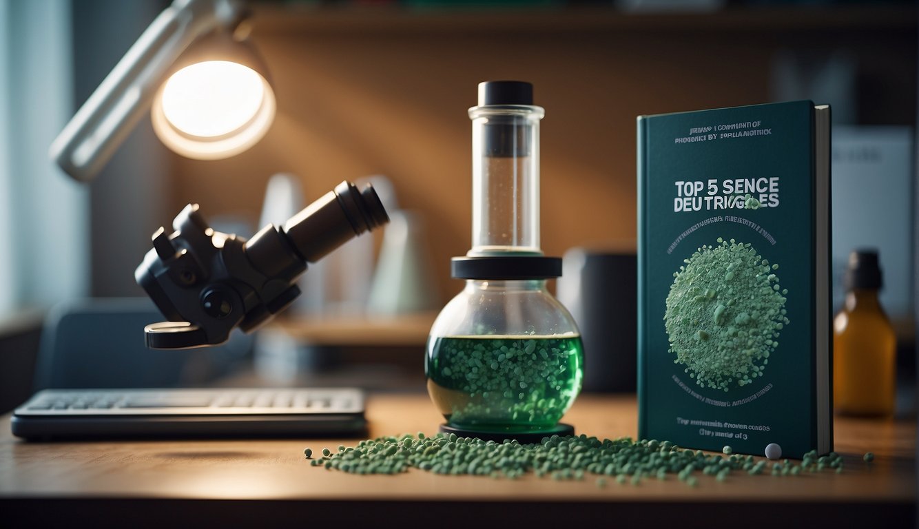 A microscope revealing mold spores next to a bottle of antibiotics, while a scientific journal titled "Top 5 Common Myths About Mold Debunked by Science" lies open on a desk