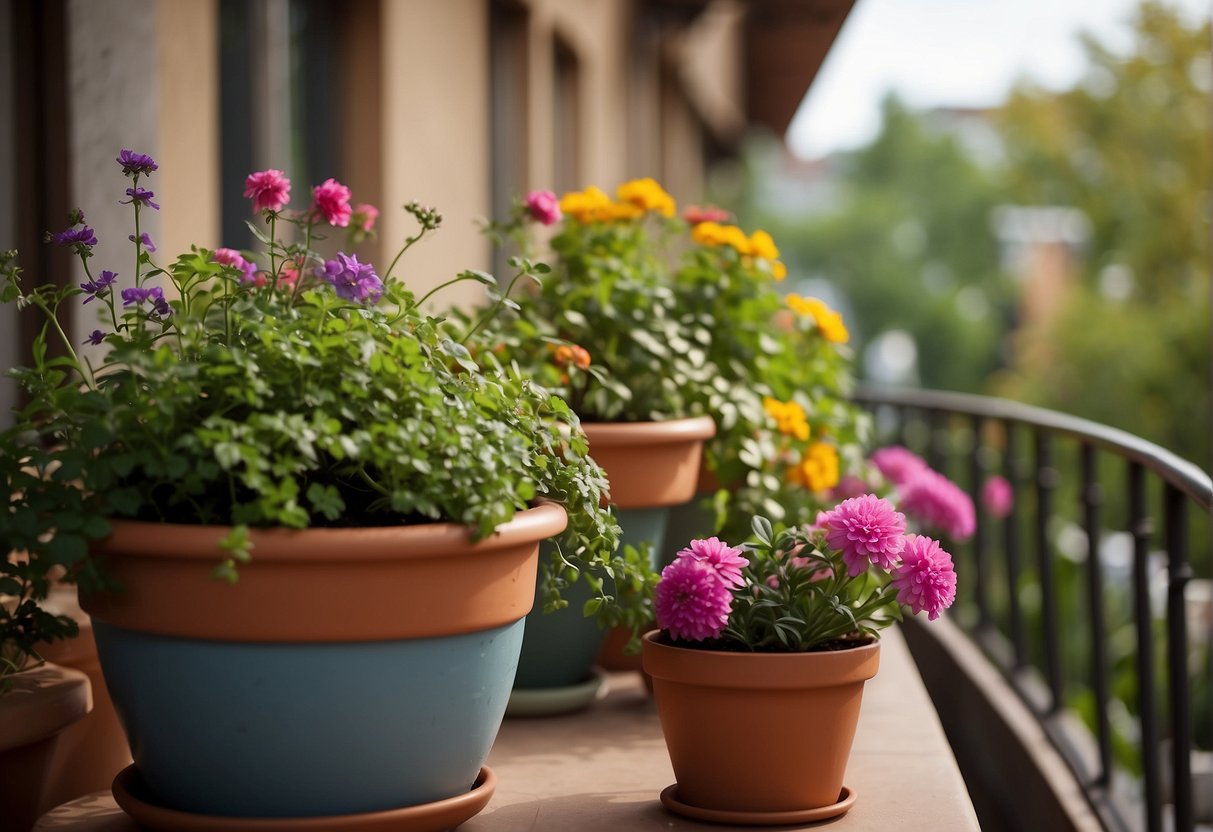 A balcony garden expands with colorful flowers and lush green plants in decorative pots