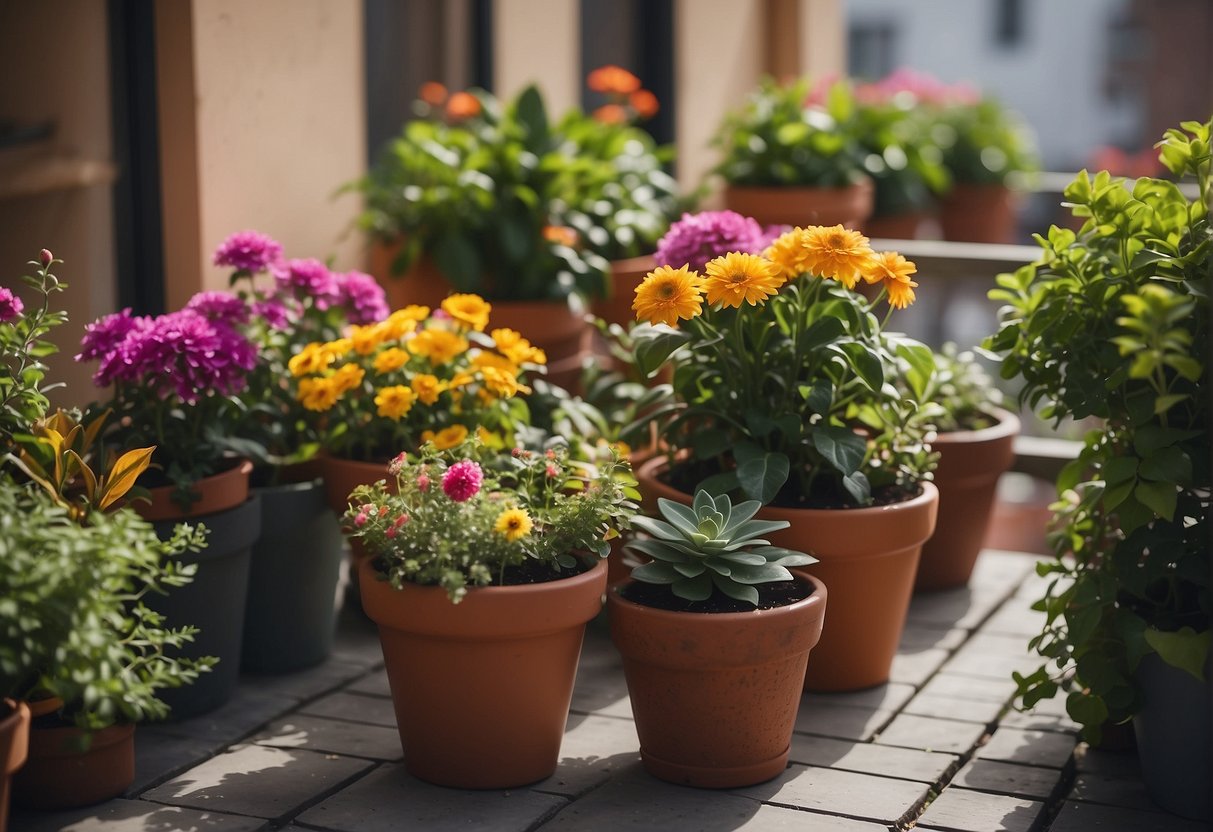 A colorful array of potted plants and flowers adorn a small balcony, creating a vibrant and inviting garden space