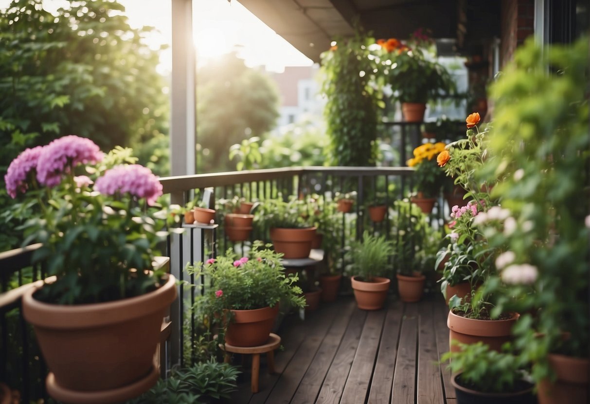 Lush green plants and colorful flowers adorn a cozy balcony garden.
