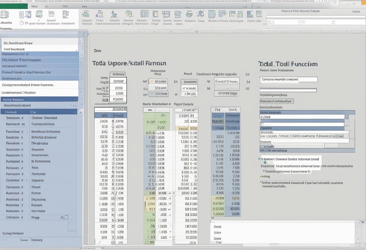 An Excel table with data, and a pop-up menu showing options for configuring total row functions