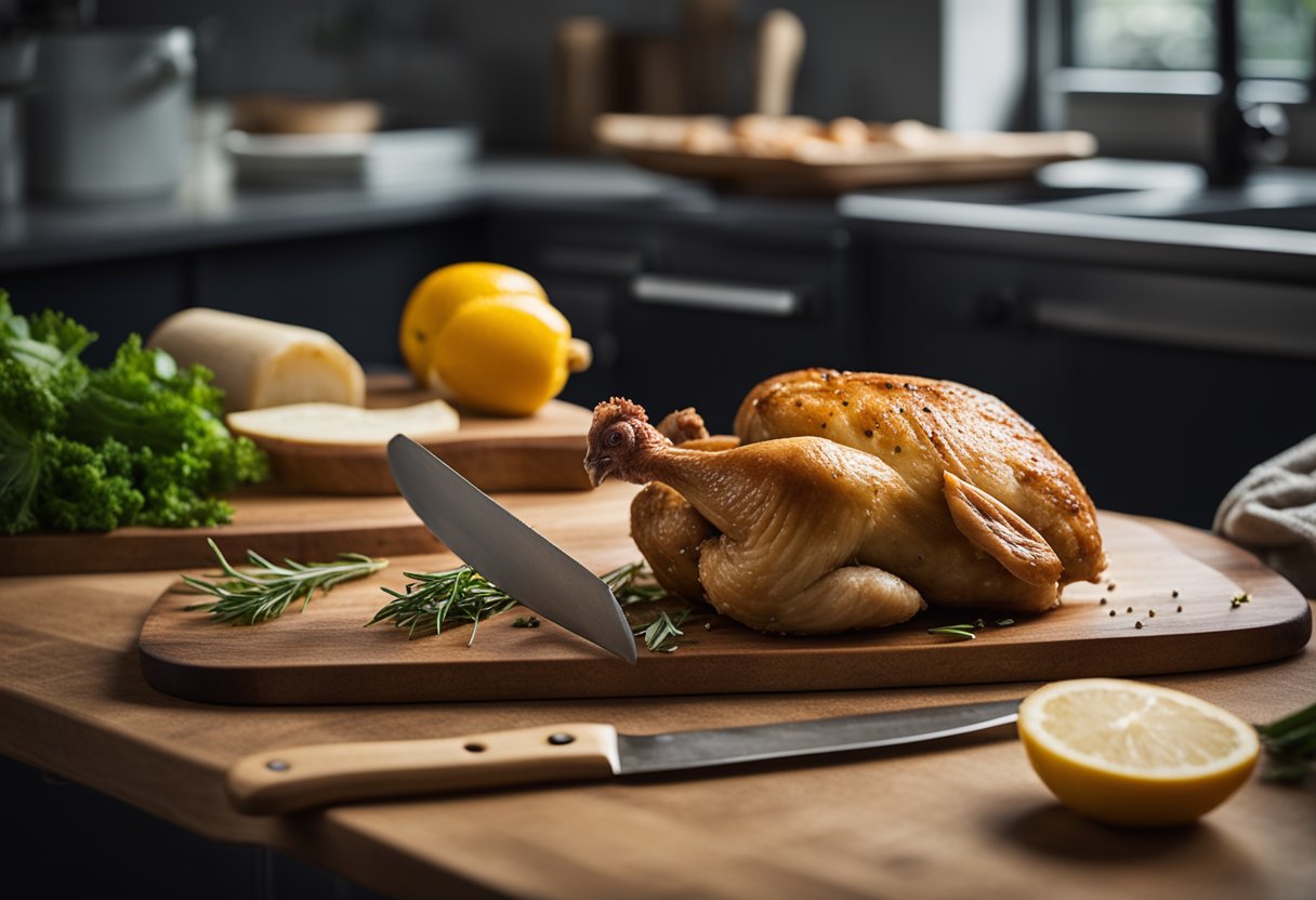 A chicken with a faint, unpleasant odor sits on a cutting board next to a knife and a concerned person looking at it
