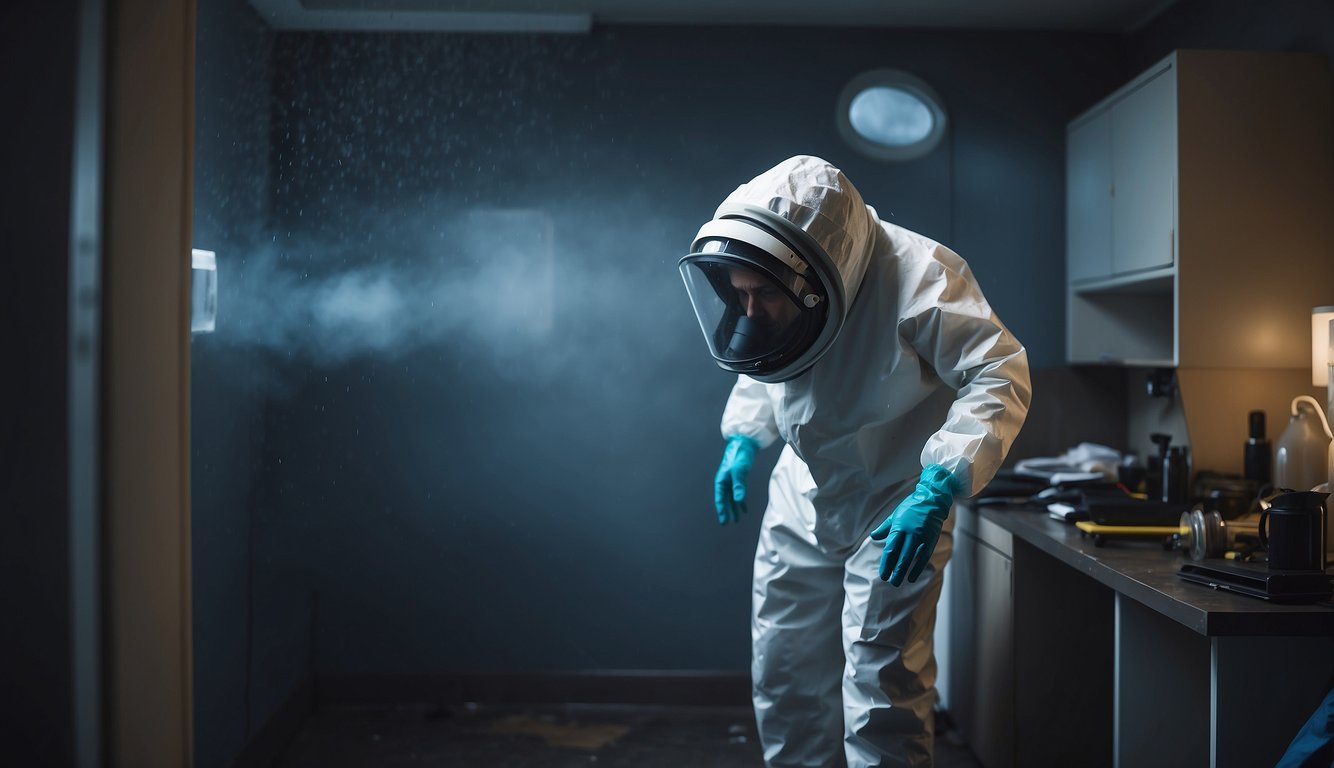 A dark, damp room with visible mold growth on walls. In the corner, a person in a hazmat suit uses advanced technology to remove the mold. In the background, futuristic equipment suggests the future of mold remediation