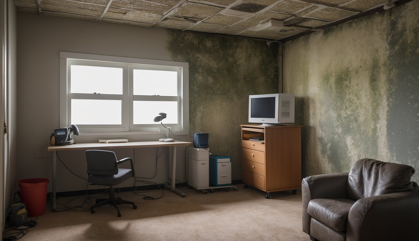 A room with visible mold growth on walls and ceiling. Equipment and tools for mold assessment and remediation present. Evolution timeline displayed