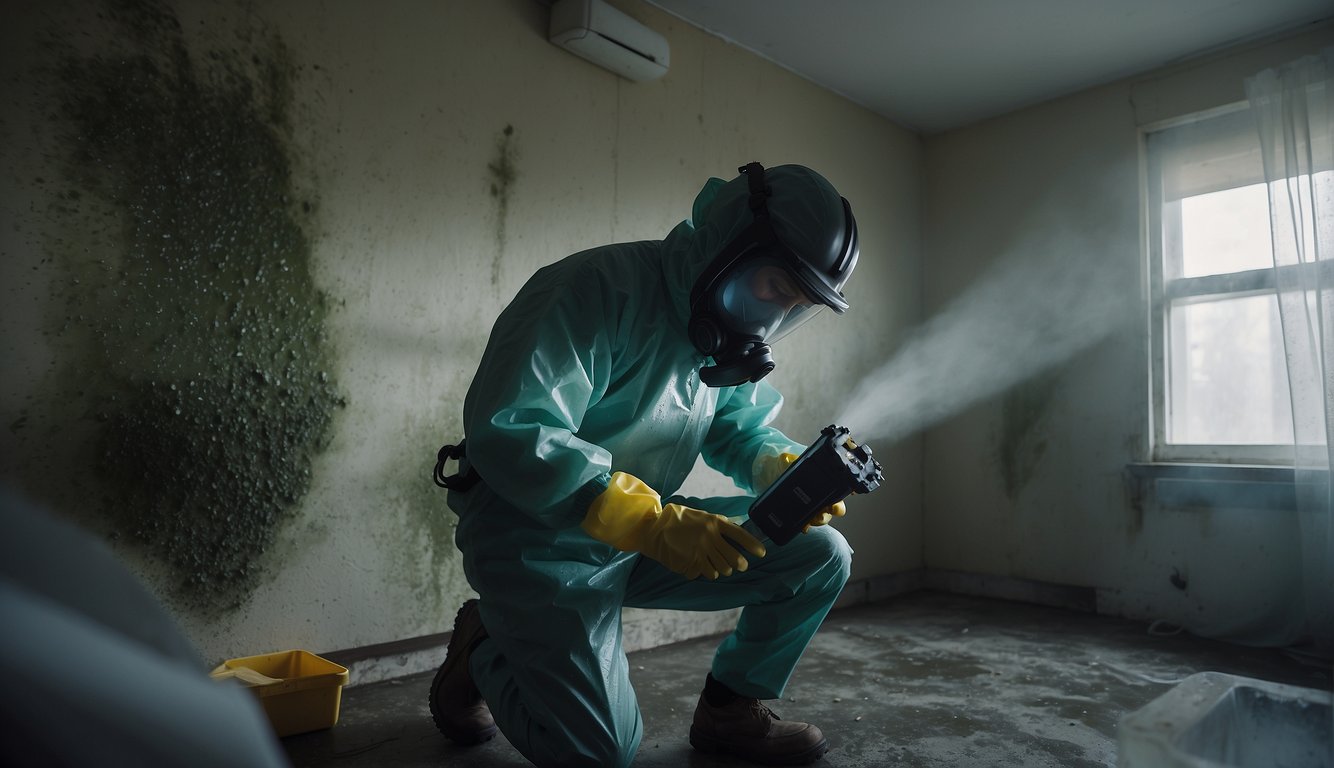 A moldy, damp room with visible mold growth on walls and ceilings. A person wearing protective gear is using advanced equipment to remove and treat the mold