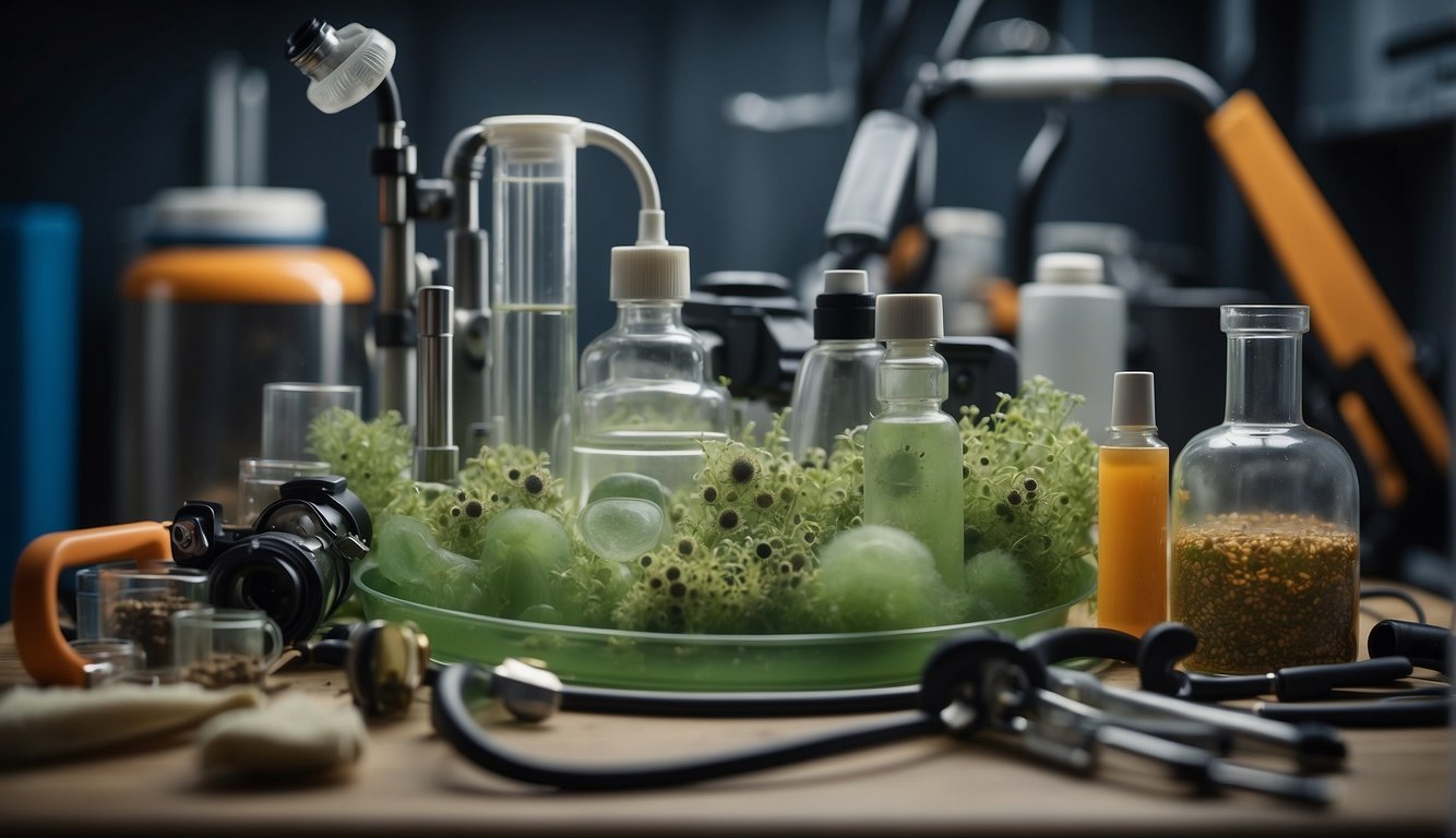 A petri dish with mold spores growing, surrounded by various tools and equipment for mold remediation