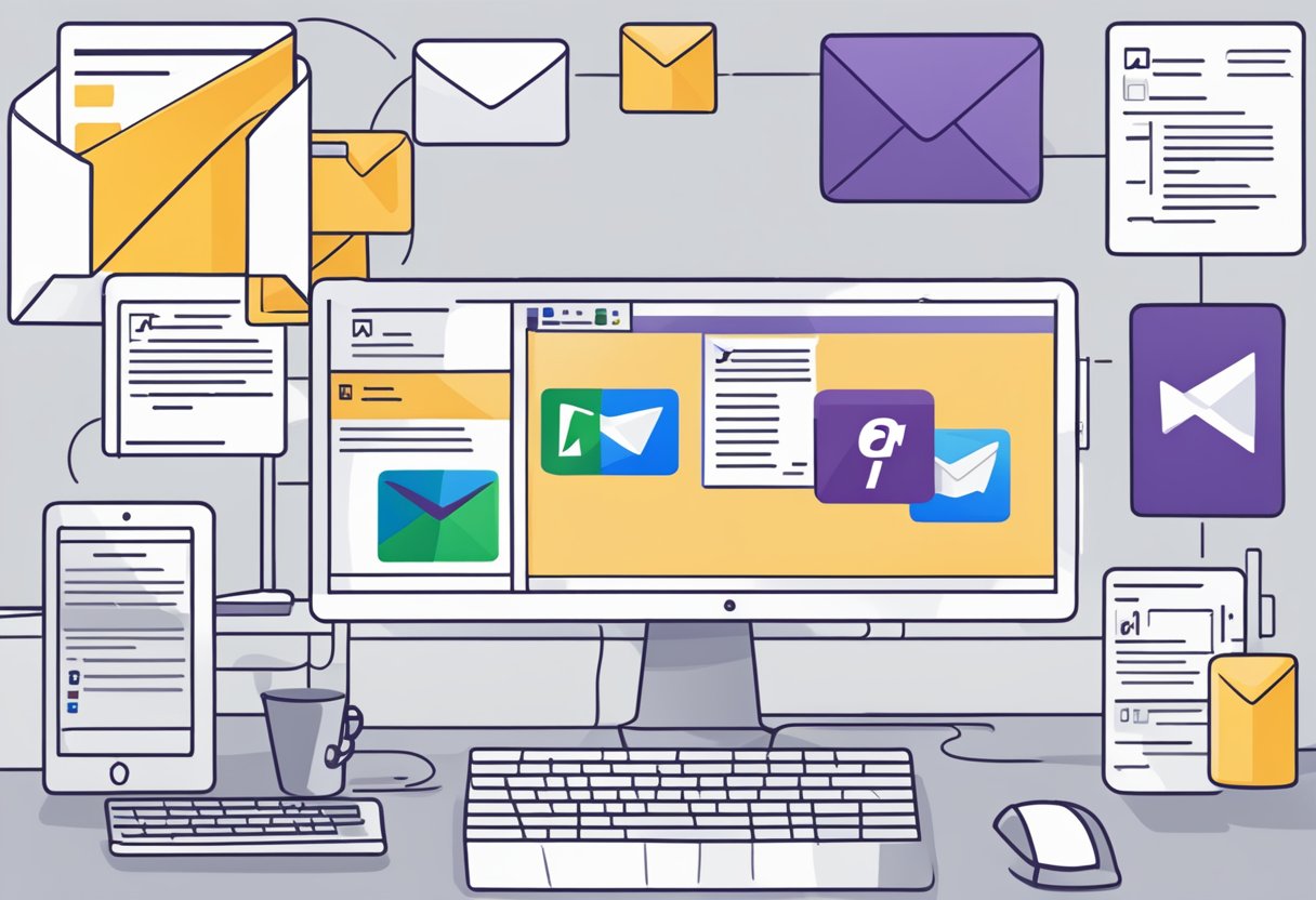 A computer screen showing the process of adding Yahoo Mail to Outlook, with both logos visible and a step-by-step guide on the screen