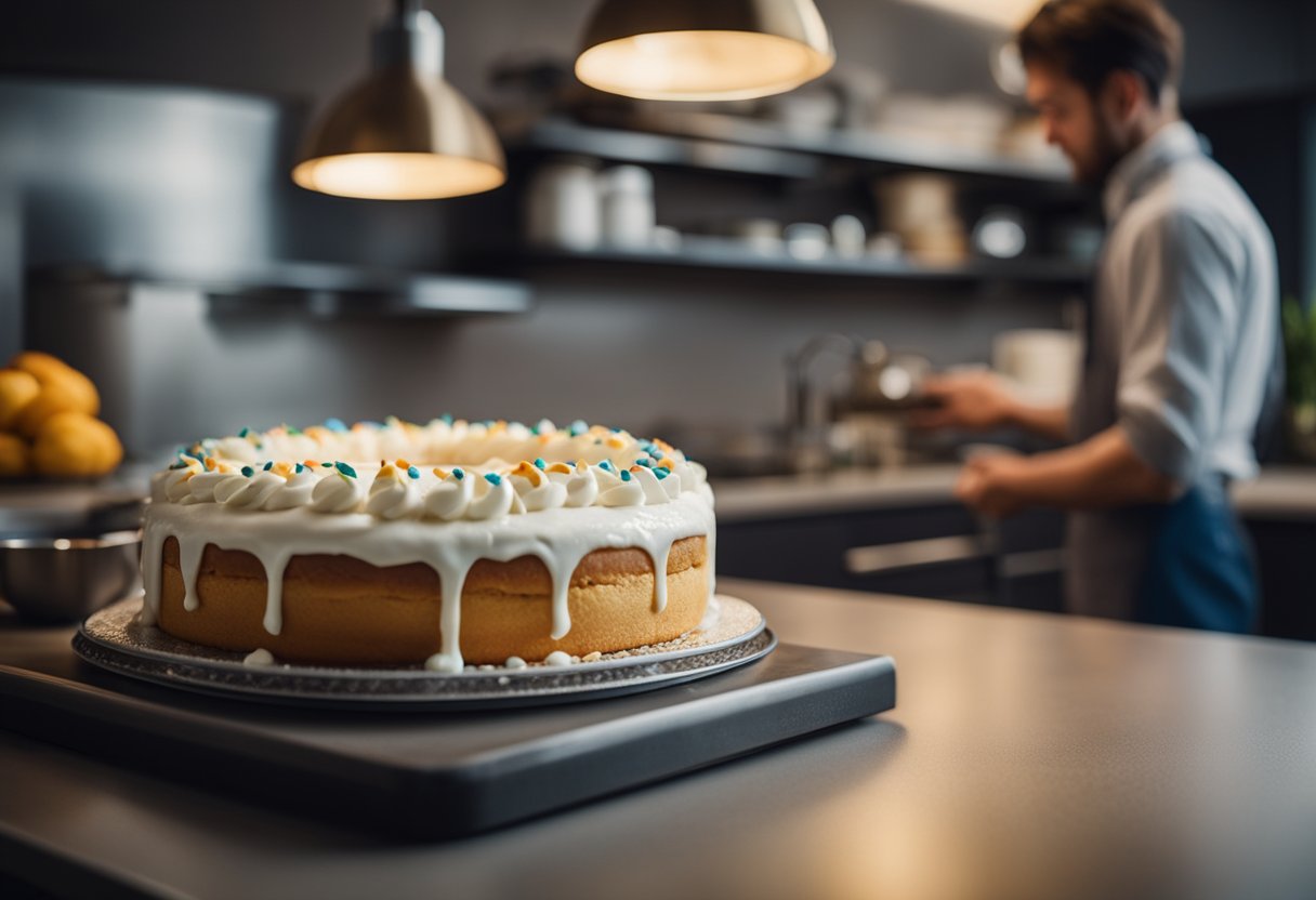 A cake on a kitchen counter emits a strong ammonia odor, with a puzzled baker standing nearby