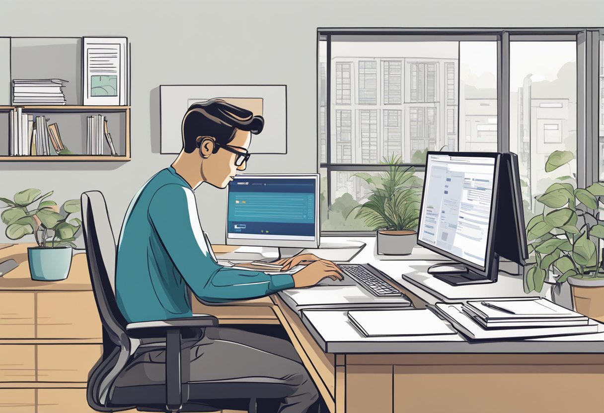 A person sitting at a desk, typing on a computer with an open Outlook window showing the "Advanced Find" feature. A pen and notebook are nearby for taking notes