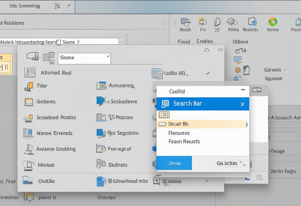 Outlook search bar with "Advanced Find" selected, refining search results. Filter options visible on screen