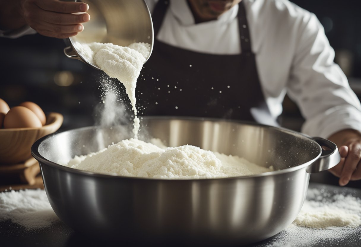 A baker pours sugar into a mixing bowl, adding flour and eggs. They stir the batter vigorously, then taste it with a puzzled expression