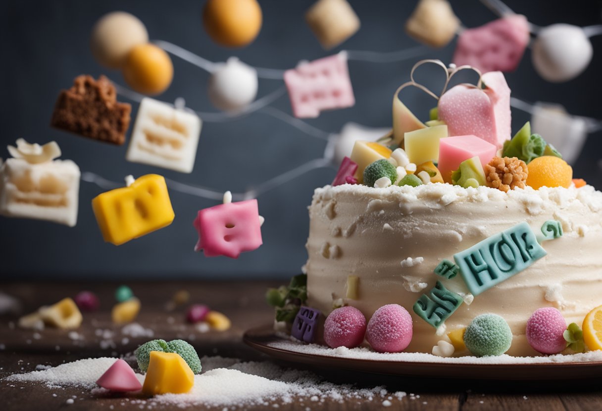 A cake with a puzzled expression, surrounded by various ingredients like salt, sugar, and flour. A speech bubble above the cake reads "Why does your cake taste salty?"
