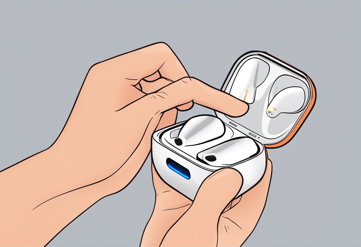 Airpod case open, red orange light flashing. Hand reaches to press button. Steps outlined on screen