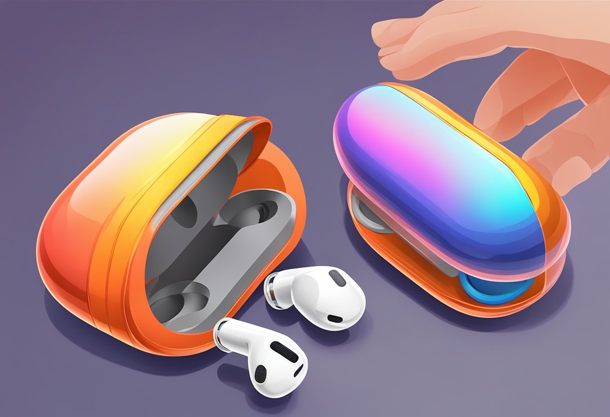 An AirPod case is being cleaned with a cloth, while the red and orange lights flash on the case