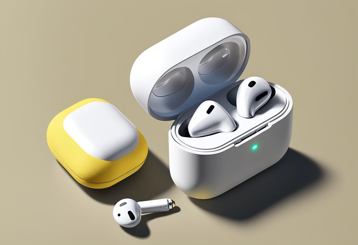 An AirPod case sits on a clean surface, with a yellow tinge evident on its surface. A cloth and cleaning solution are nearby, ready for use