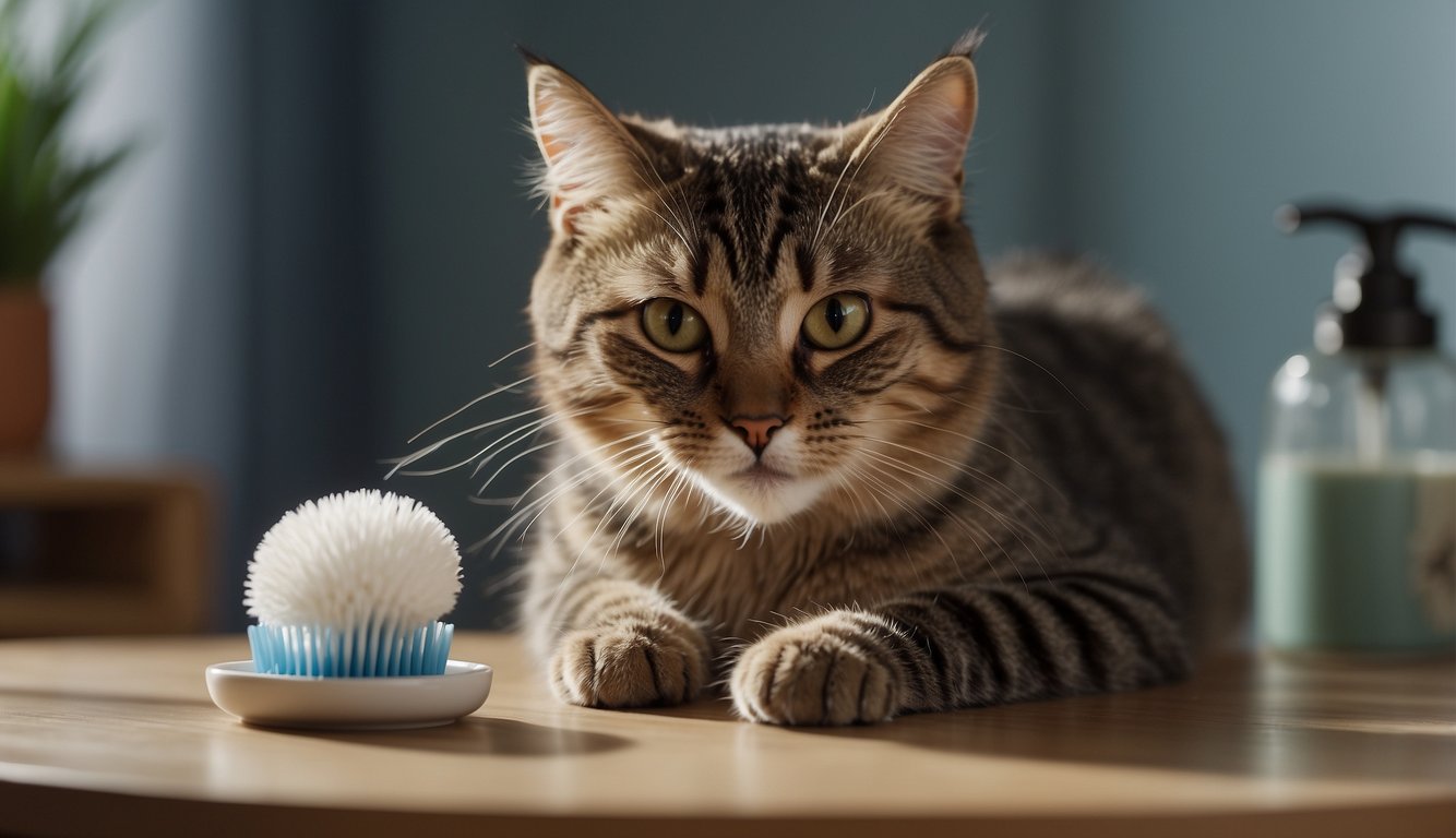 A cat sits on a table, mouth open, as a toothbrush gently scrubs its teeth. The cat's tail sways contently as the brush moves back and forth