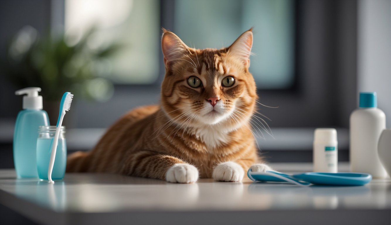 A cat sitting on a table, with toothbrush and toothpaste nearby, ready for brushing