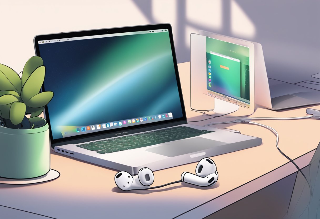 Airpods sit next to a Mac, both with a disconnected status. Error messages appear on the computer screen, while the Airpods' LED lights blink in an attempt to connect