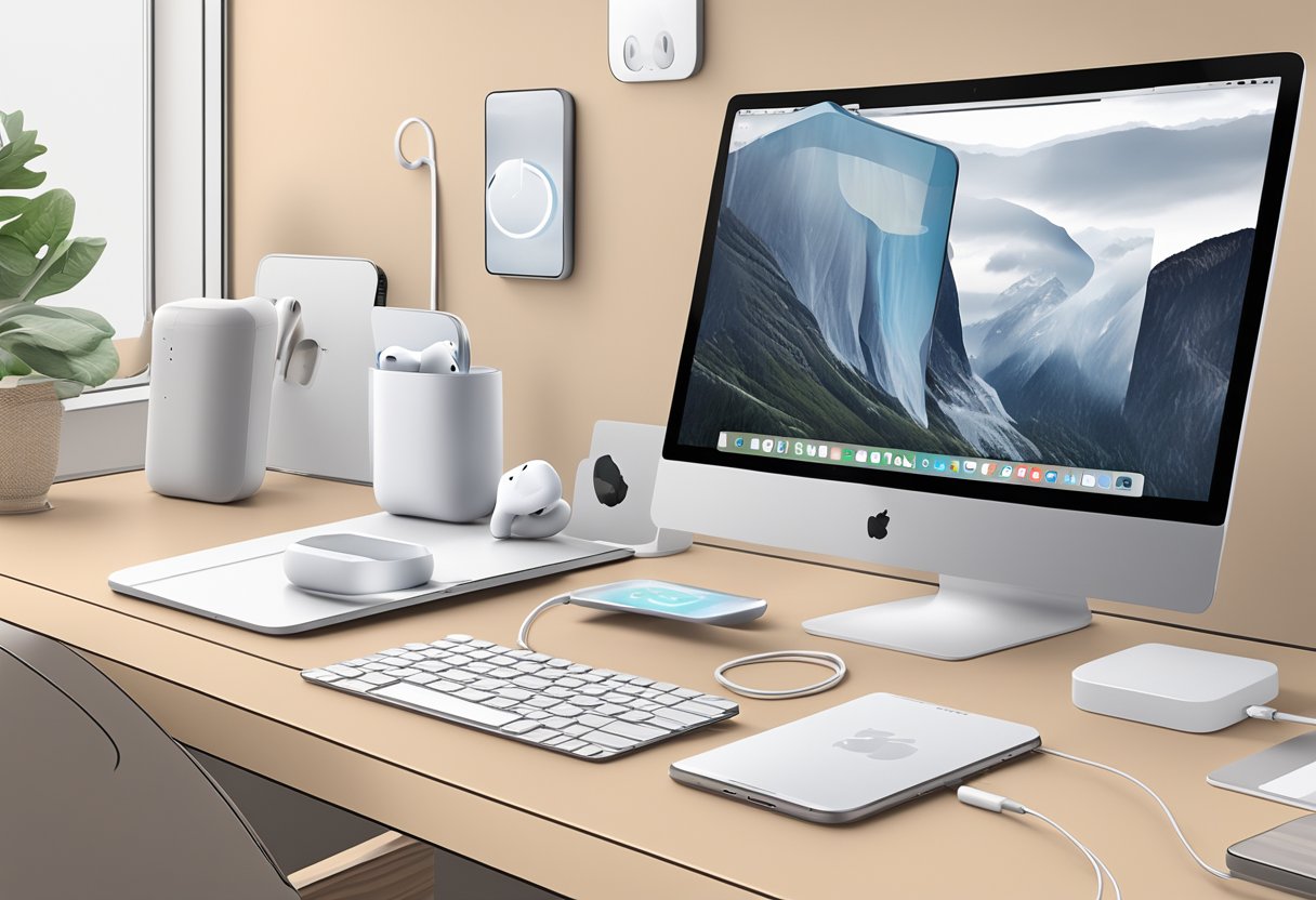 AirPods and Mac on a desk, with the AirPods not connecting. The Mac's Bluetooth settings window open, showing the AirPods as available devices