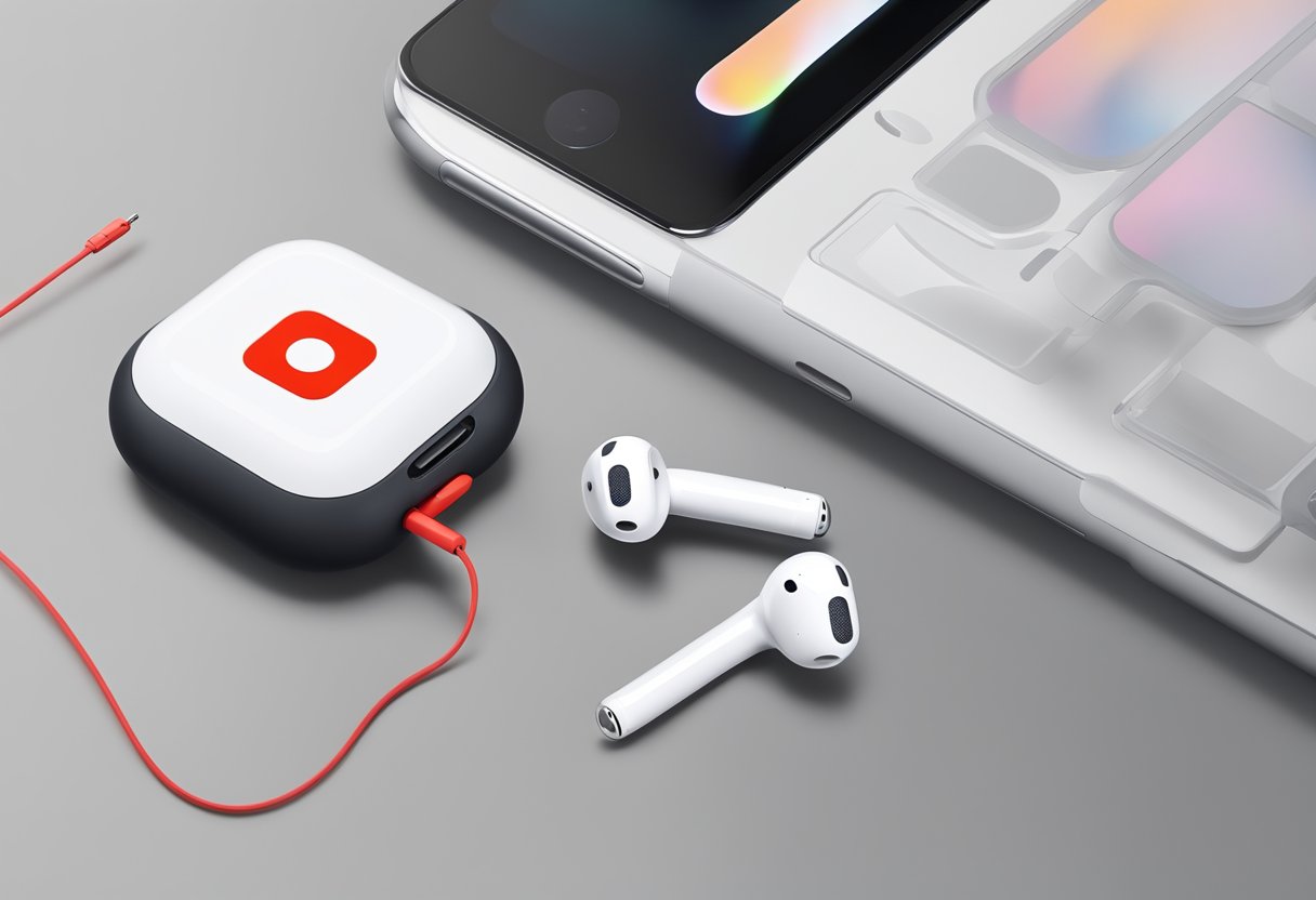 Airpods lay next to a Nintendo Switch, with a red exclamation mark above the Switch indicating the connection issue