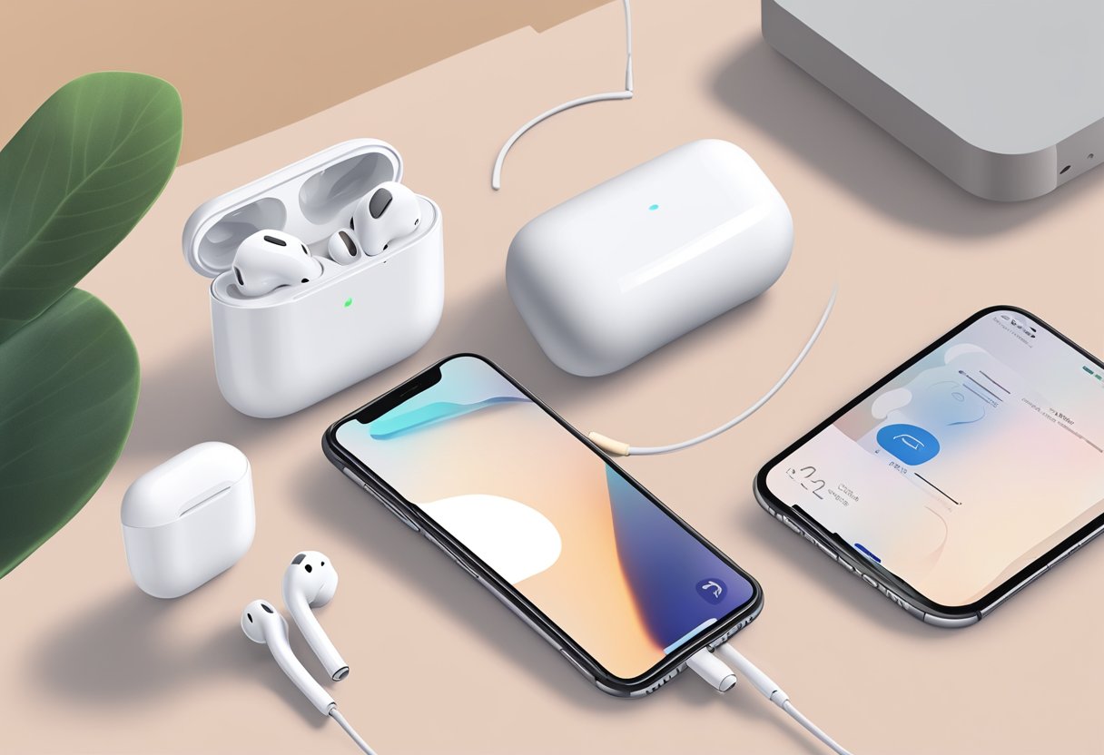 AirPods placed near iPhone, not appearing on screen. User tapping "Forget This Device" and re-pairing in Bluetooth settings