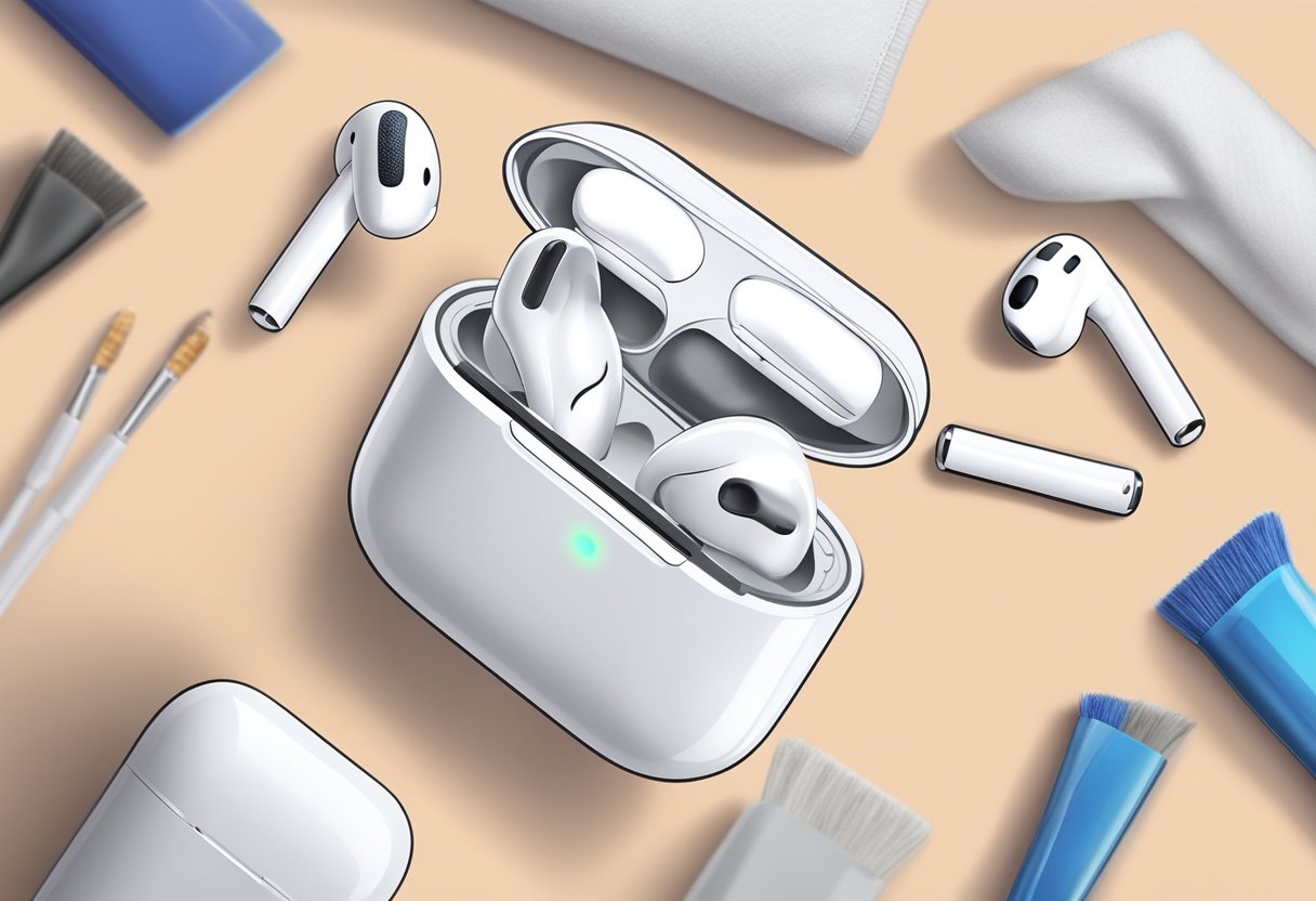 Airpods being cleaned with a small brush and cloth, while a hand holds them up to inspect for any dirt or damage