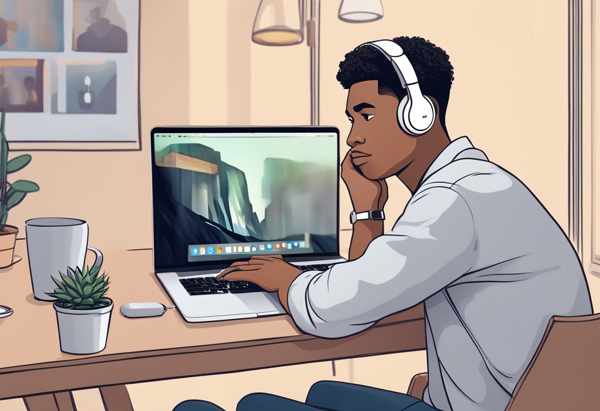 AirPods next to a MacBook, with a zoom call on the screen. A frustrated expression on the user's face