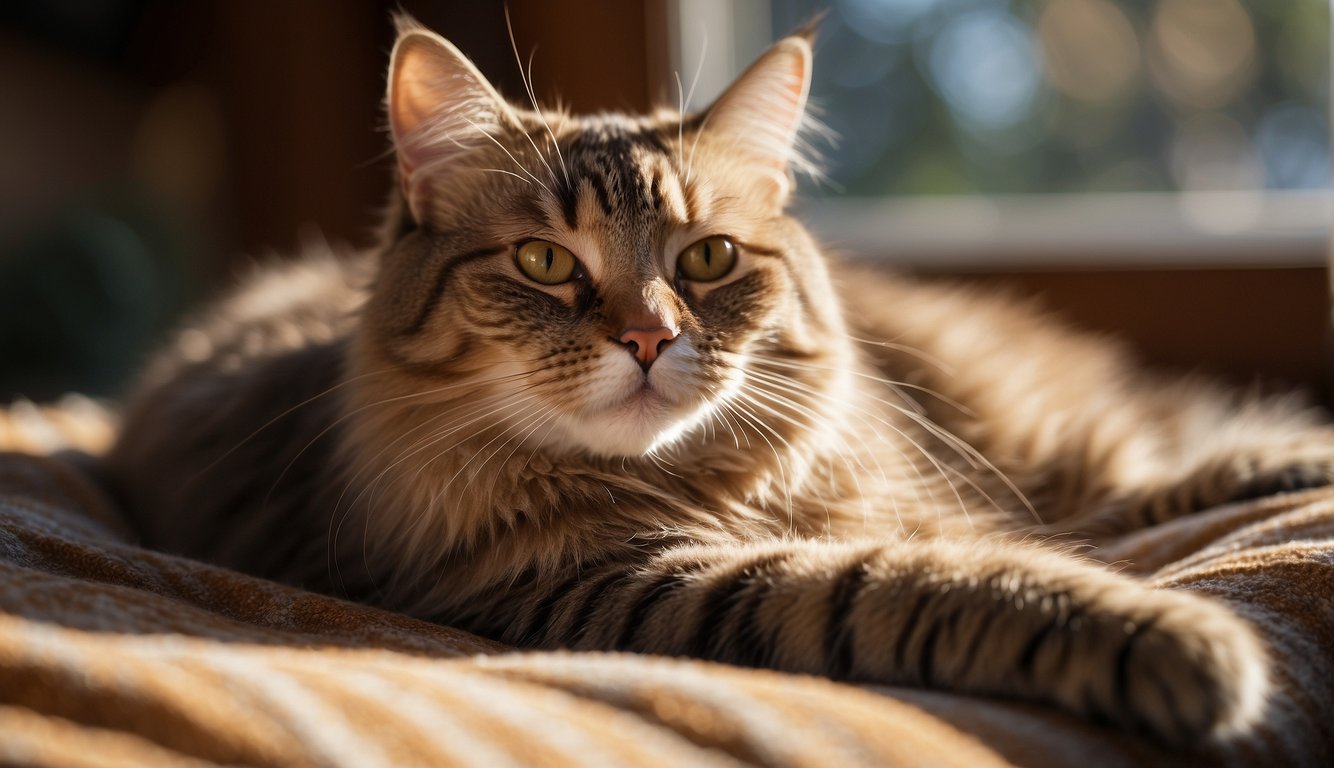 A senior cat lounges contentedly on a cozy blanket, basking in the warm glow of a sunlit window. A gentle smile plays on its whiskered face, conveying a sense of wisdom and tranquility