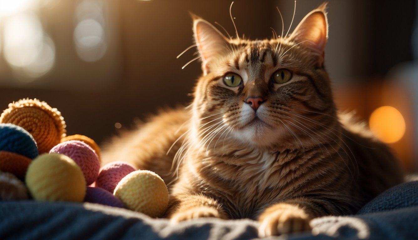 A senior cat lounges contentedly in a cozy bed, surrounded by toys and treats. A warm sunbeam streams in, casting a peaceful glow over the serene scene